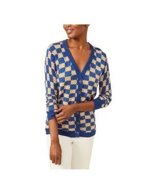 J. McLaughlin Cotton Blend Blue Gold Cardigan Sweater Medium